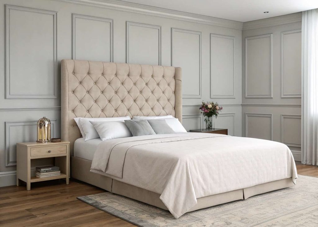 Soft fabric headboard behind a bed in a modern aesthetic bedroom with neutral tones