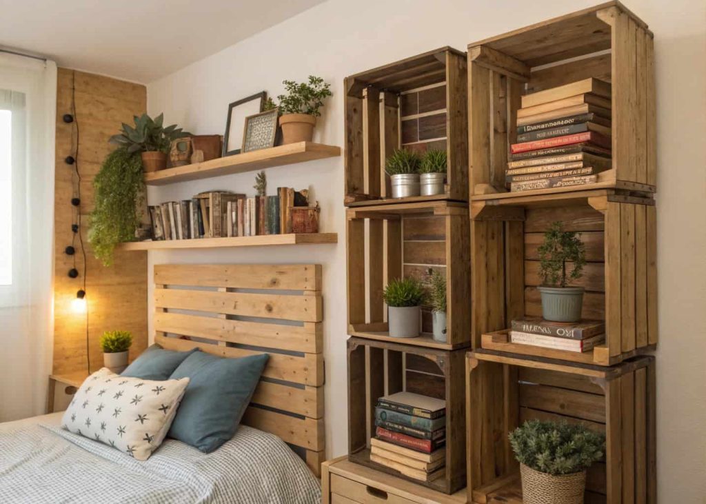 Wooden crate shelves on a bedroom wall holding books, plants, and decorative items