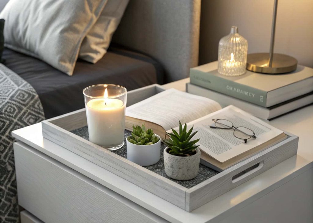 Aesthetic bedside tray with a candle, small plant, and book on a modern nightstand