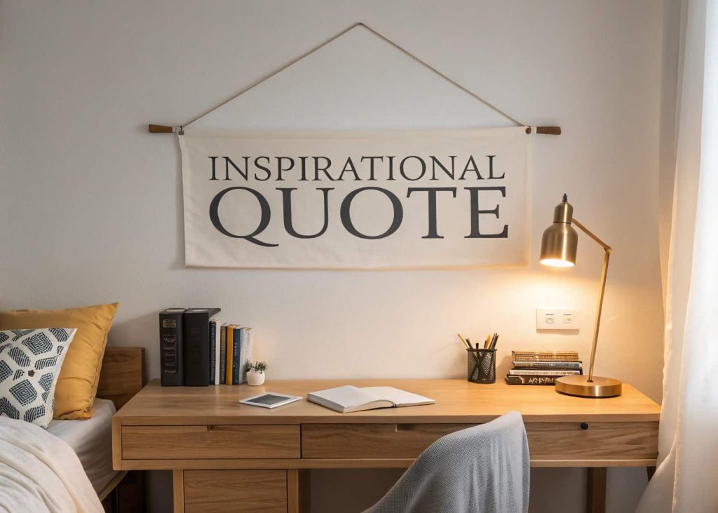 Minimalist quote wall art with motivational text hanging above a cozy bedroom desk