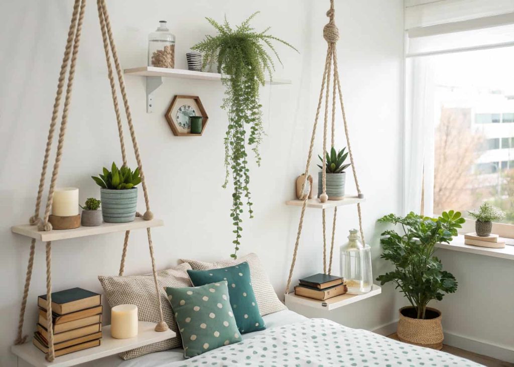 Modern hanging rope shelves with plants and decor items in a bright aesthetic bedroom