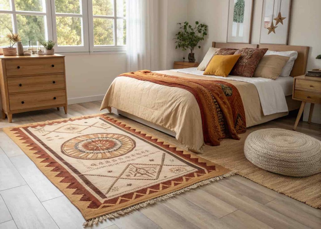 Handmade DIY rug with soft textures placed beside a bed in a cozy bedroom