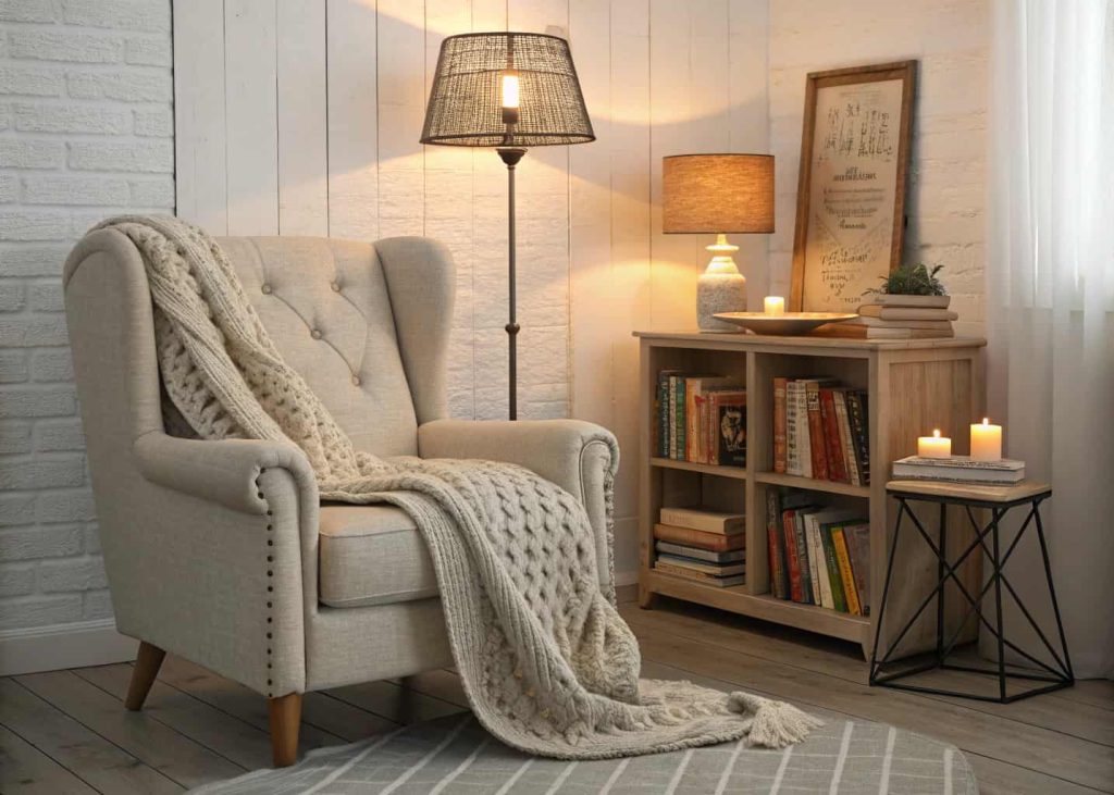 Cozy reading corner with a chair, soft blanket, small bookshelf, and warm lighting