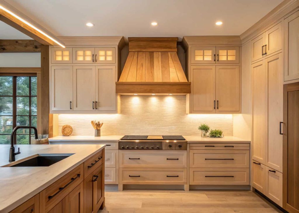 Kitchen with a simple wooden custom range hood, light wood tones, modern cabinets, warm lighting.
