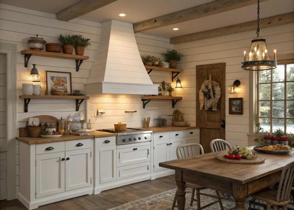 Cozy farmhouse kitchen with a white shiplap custom range hood, rustic shelves, and warm ambient lighting.