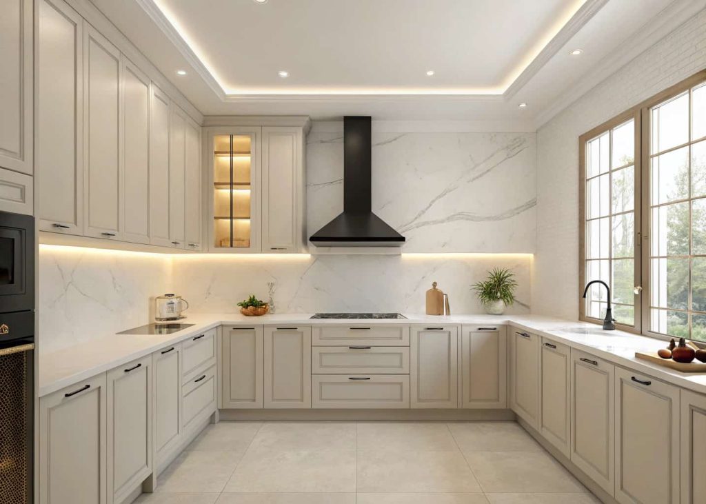 Minimalist modern kitchen with a sleek custom range hood, neutral colors, and bright lighting.