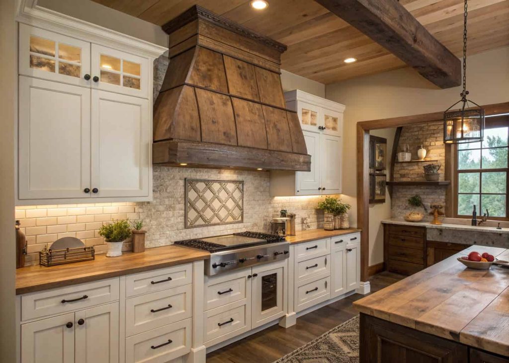 Rustic kitchen with a reclaimed wood custom range hood, natural textures, and farmhouse-style cabinets.