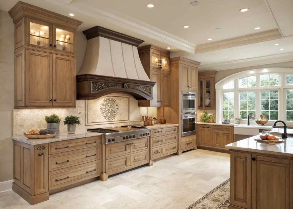 Elegant kitchen with a curved custom range hood, soft wood tones, and classic cabinets.