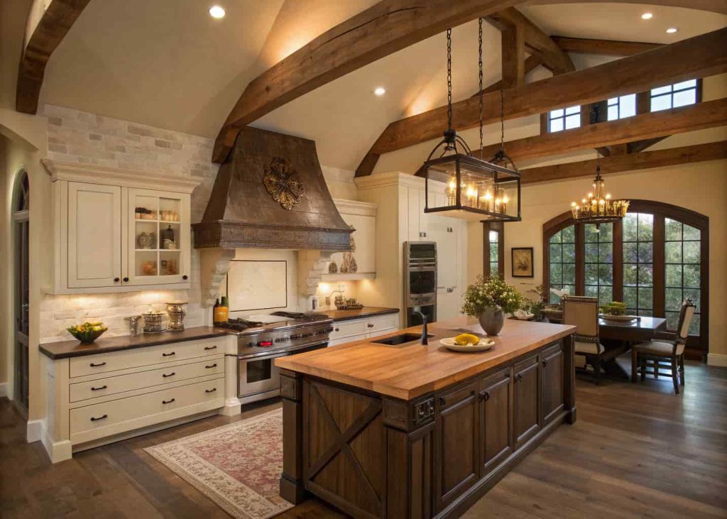 Spacious kitchen with a beamed custom range hood, rustic farmhouse style, warm lighting.