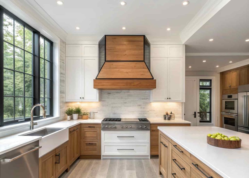 Contemporary kitchen with a two-tone custom range hood, contrasting wood and painted panels.