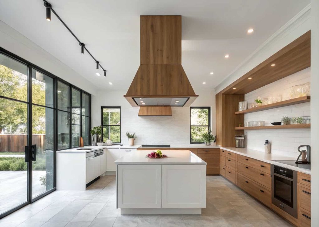 Modern kitchen with a floating wooden custom range hood, bright interior, minimal decor.