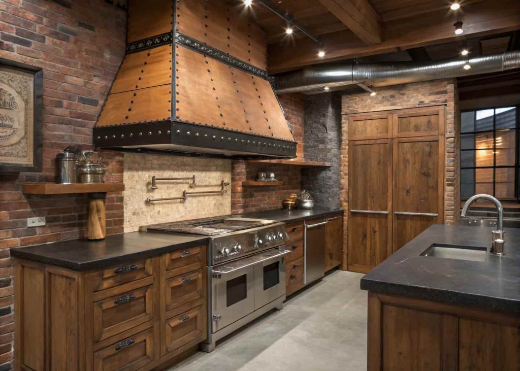 Industrial-style kitchen with a wooden custom range hood featuring metal accents.