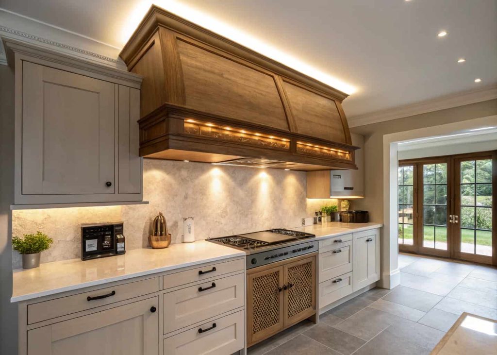 Kitchen with a wooden custom range hood featuring integrated warm LED lighting.