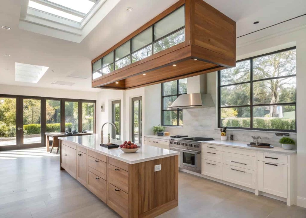 Modern kitchen with a wooden custom range hood featuring glass panels, bright and airy interior.