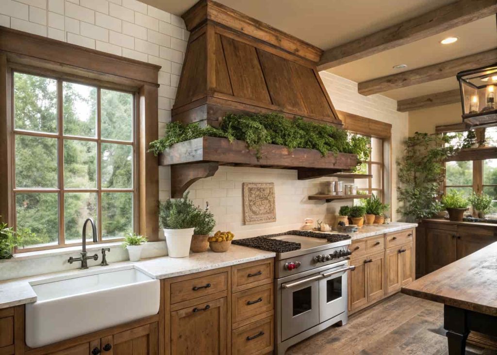 Farmhouse kitchen with a wooden custom range hood featuring a floating shelf with plants.