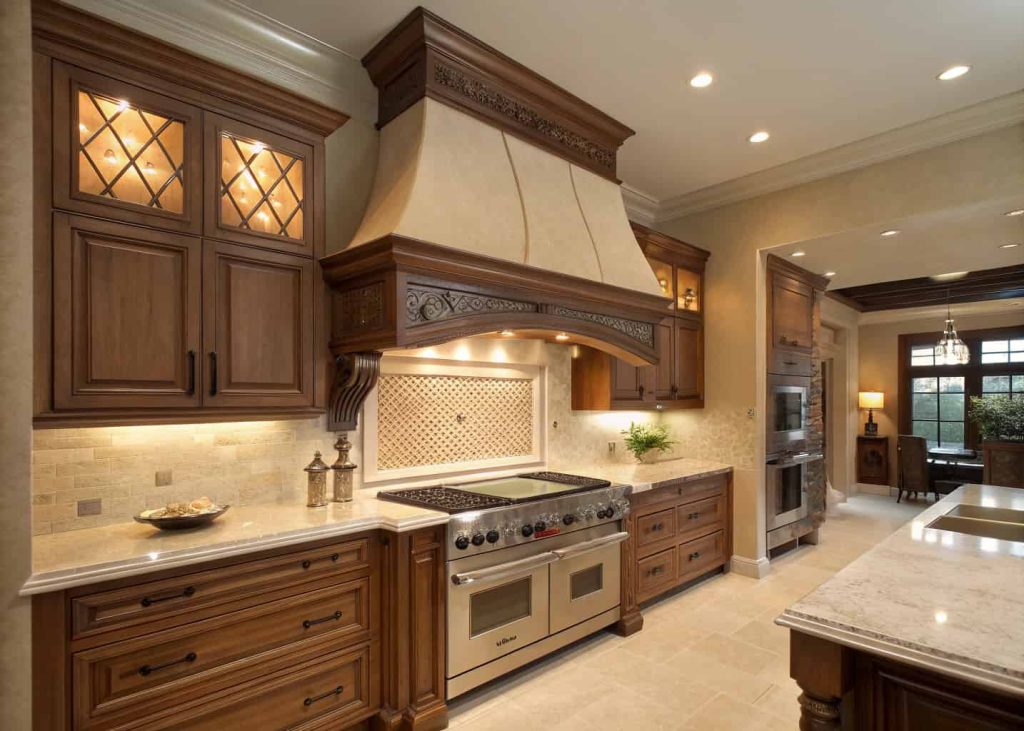 Kitchen with a two-level wooden custom range hood, elegant trim, and warm ambient lighting.