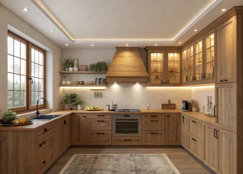 Kitchen with a simple rectangular wooden range hood, matching cabinets, warm lighting, minimal and cozy interior.