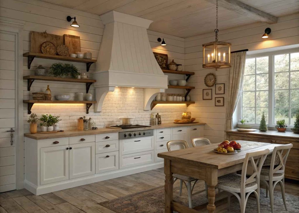 Cozy farmhouse kitchen with a white wooden shiplap range hood, rustic shelves, and warm ambient lighting.