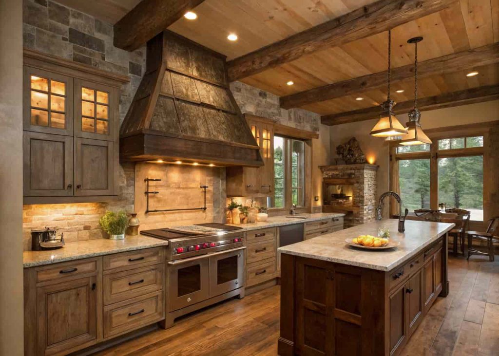 Rustic kitchen with a reclaimed wood range hood, natural textures, farmhouse cabinets, warm cozy lighting.