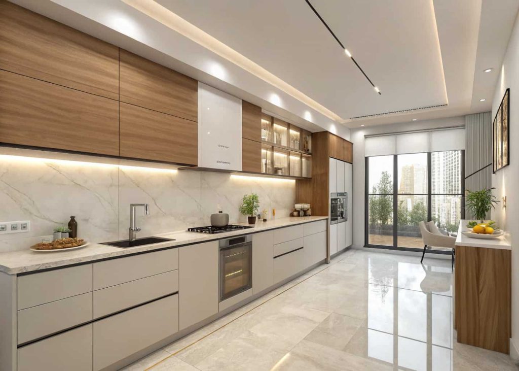 Modern kitchen with a smooth wooden range hood, neutral colors, sleek cabinets, and bright ambient lighting.