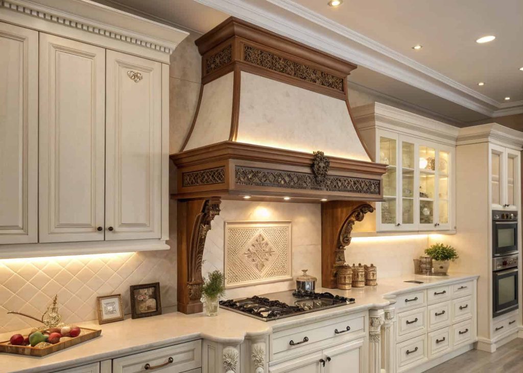 Classic kitchen with a wooden range hood featuring decorative trim, matching cabinetry, elegant design, and warm lighting.