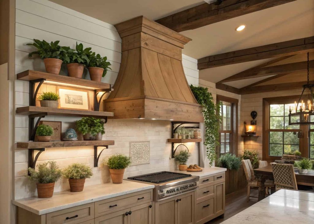 Farmhouse kitchen with a wooden range hood featuring a shelf, plants on display, warm lighting, rustic decor.