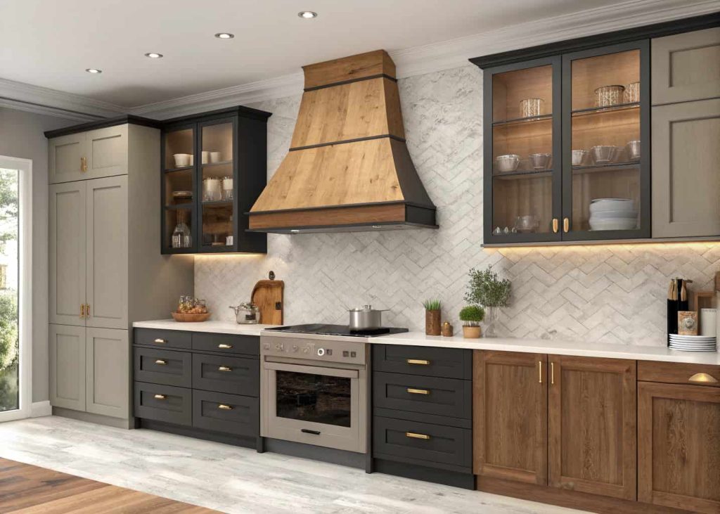Modern kitchen with a two-tone wooden range hood, contrasting wood finishes, stylish cabinets, and contemporary decor.