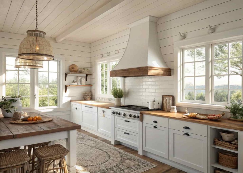 Bright farmhouse kitchen with a white shiplap wooden range hood, natural lighting, and cozy interior.