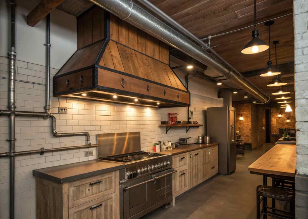 Industrial-style kitchen with a wooden range hood featuring metal accents, exposed pipes, and warm ambient lighting.