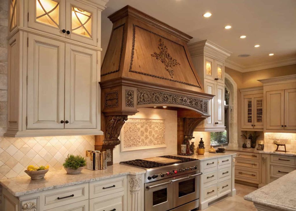 Elegant kitchen with a custom carved wooden range hood, intricate details, classic cabinets, warm ambient lighting.