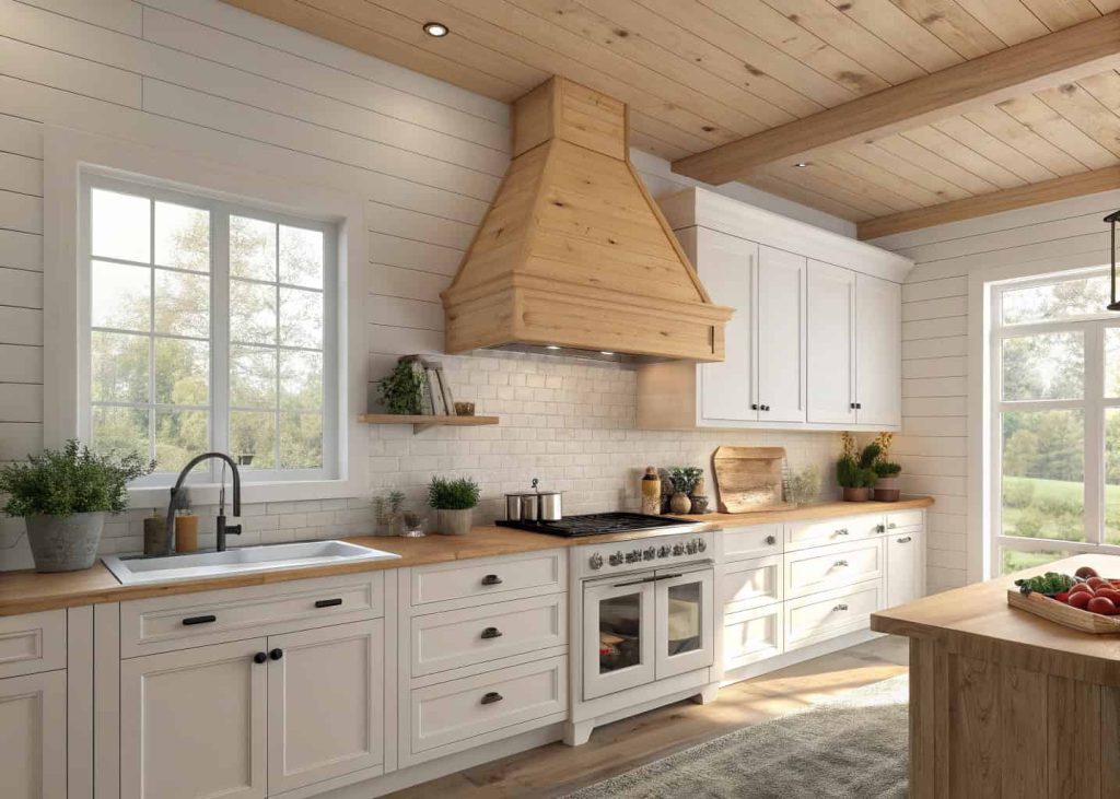 A cozy modern kitchen with a simple wooden DIY range hood cover, light wood texture, white cabinets, natural lighting, realistic interior design