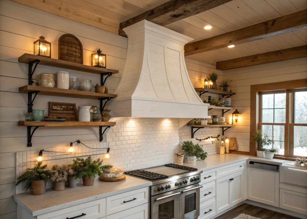Farmhouse kitchen with a white DIY range hood cover made from shiplap wood, rustic shelves, warm lighting, cozy farmhouse style.