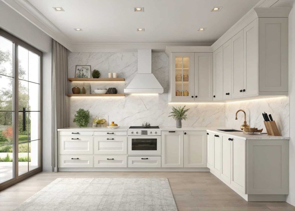 Modern minimalist kitchen with a smooth white DIY range hood cover, sleek cabinets, neutral colors, bright and clean interior style.