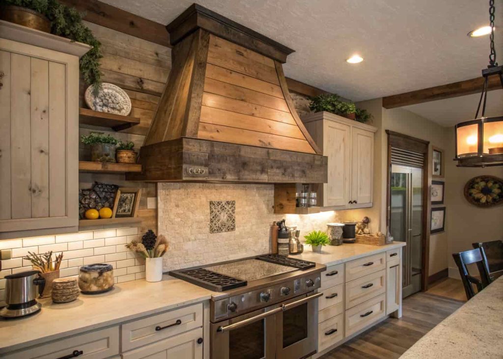 Rustic kitchen with a reclaimed wood DIY range hood cover, natural wood textures, farmhouse decor, warm lighting, cozy interior.