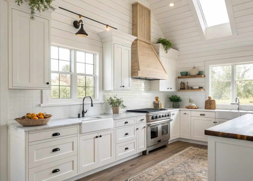 Bright kitchen with a white shiplap DIY range hood cover, farmhouse cabinets, natural light, clean and stylish interior design.