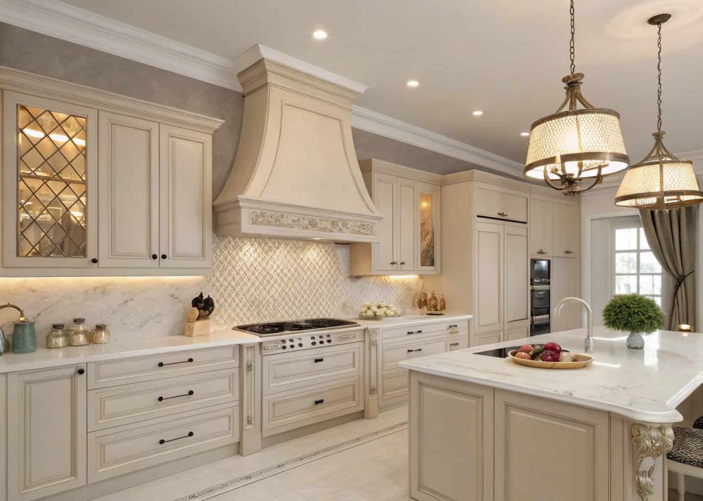 Elegant kitchen with a curved DIY range hood cover, soft neutral colors, classic cabinets, stylish interior lighting.