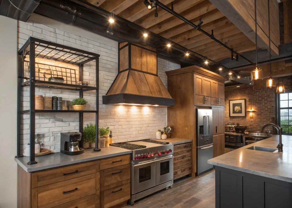 Modern industrial kitchen with a wood and metal DIY range hood cover, stylish appliances, warm lighting, contemporary interior.