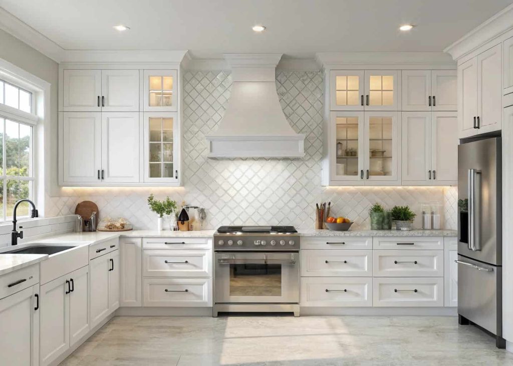 Kitchen with a cabinet-style DIY range hood cover matching white cabinets, organized design, modern kitchen interior.
