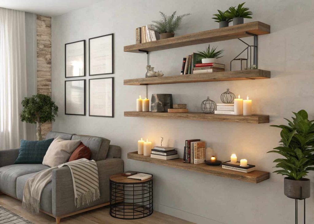 Modern living room wall with floating wooden shelves, decorated with books, small plants, and candles, cozy home interior”