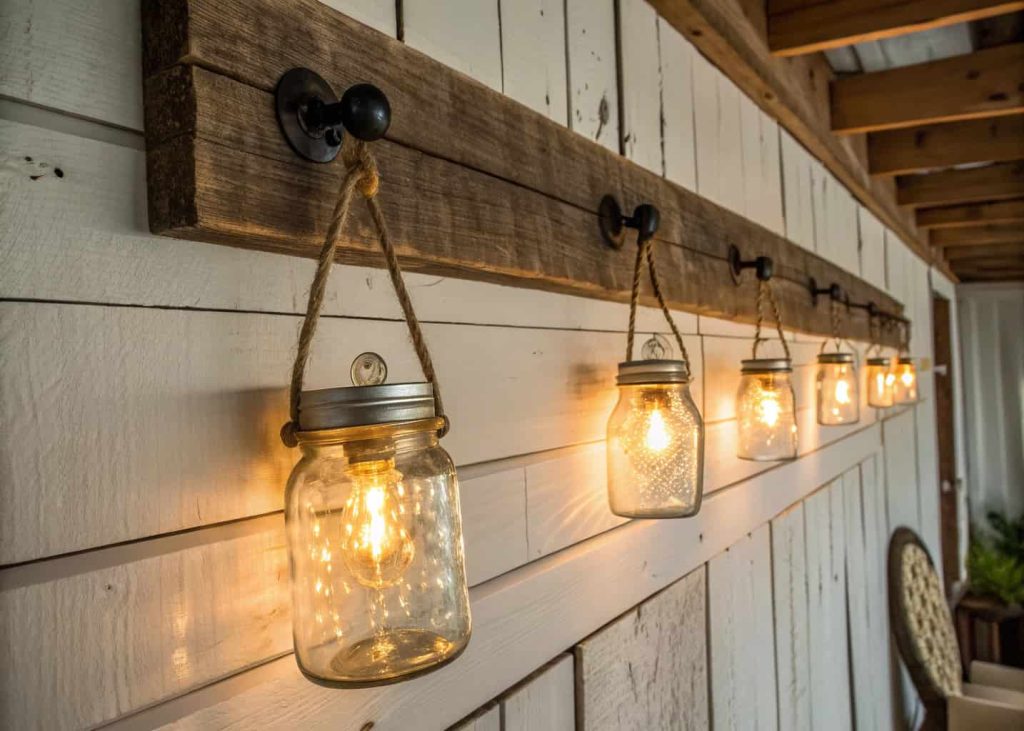Rustic mason jar wall lights with warm LED glow mounted on a wooden plank, cozy farmhouse-style interior”