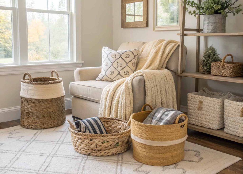 “A living room corner with DIY rope storage baskets holding blankets, cozy farmhouse-style interior, neutral decor