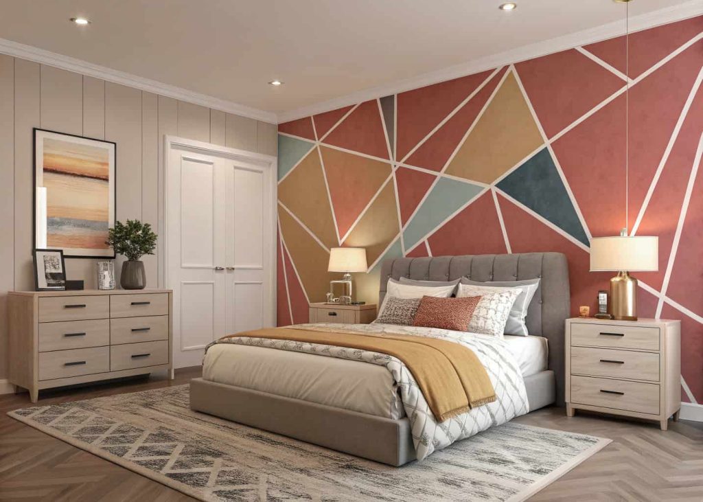 “Bedroom with a bold painted accent wall featuring geometric patterns, stylish neutral furniture, cozy interior”