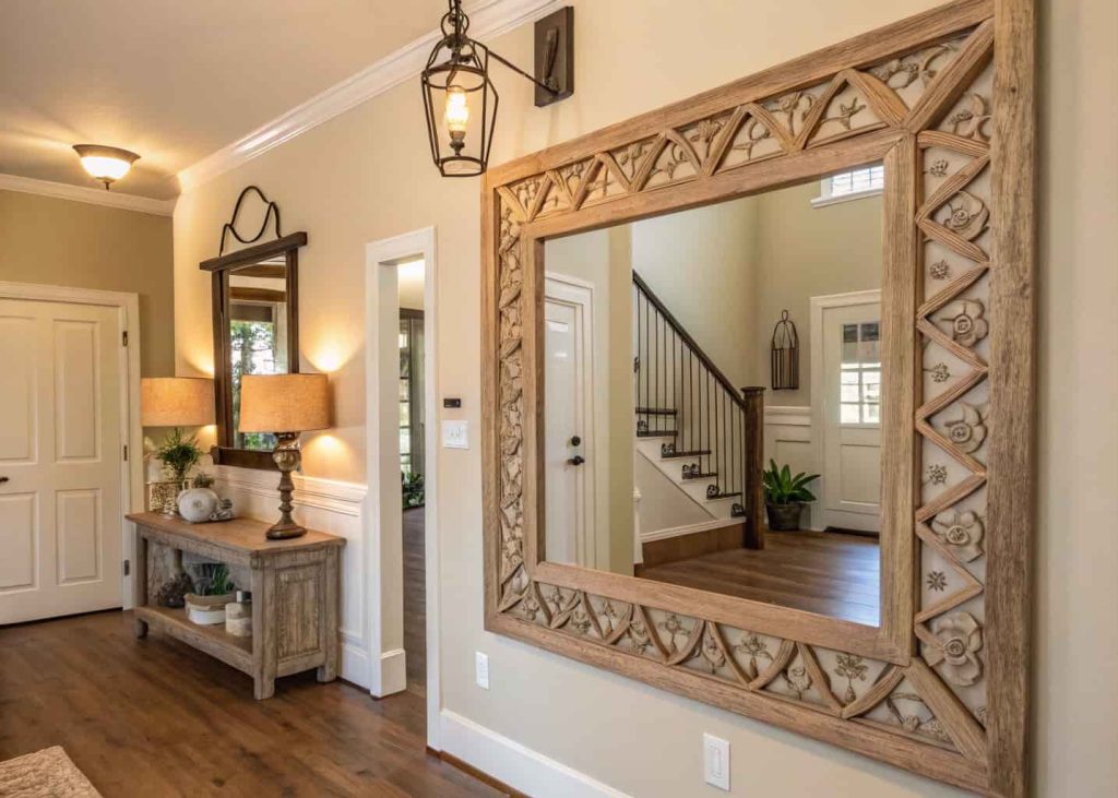 A decorative DIY wooden mirror frame hanging in a cozy entryway, warm neutral tones, modern farmhouse style”