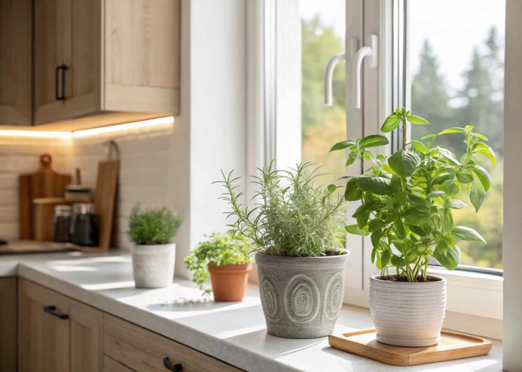 A kitchen windowsill with small potted herbs like basil and rosemary, bright natural light, cozy modern interior”