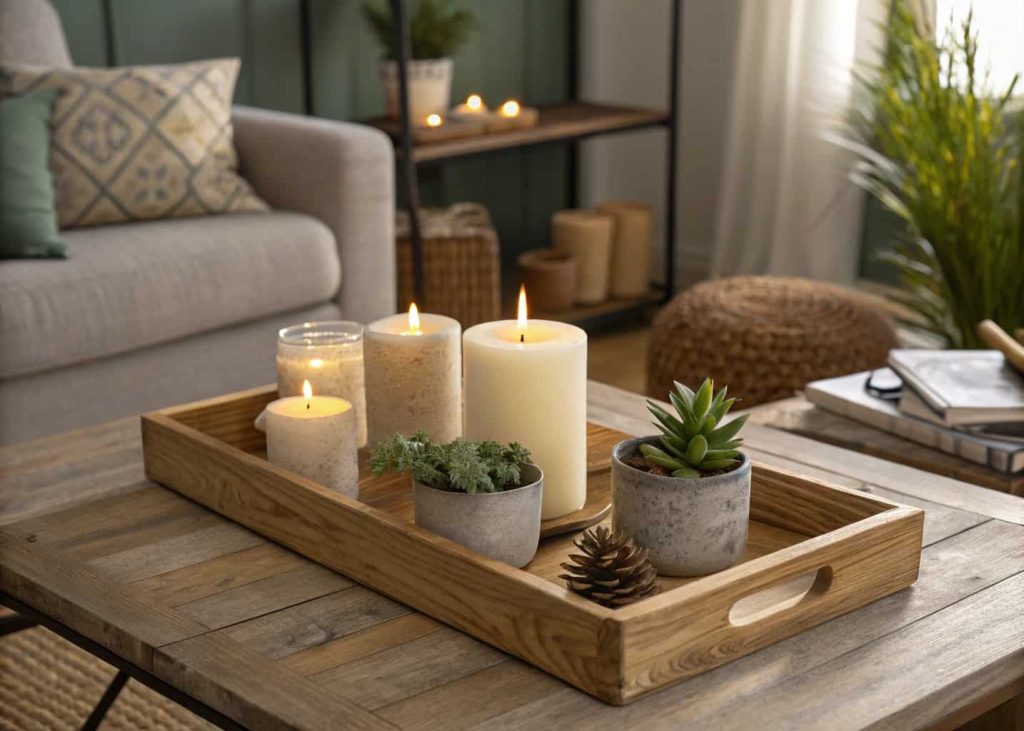 A wooden tray on a coffee table with candles of various heights and small decorative plants, cozy living room interior”