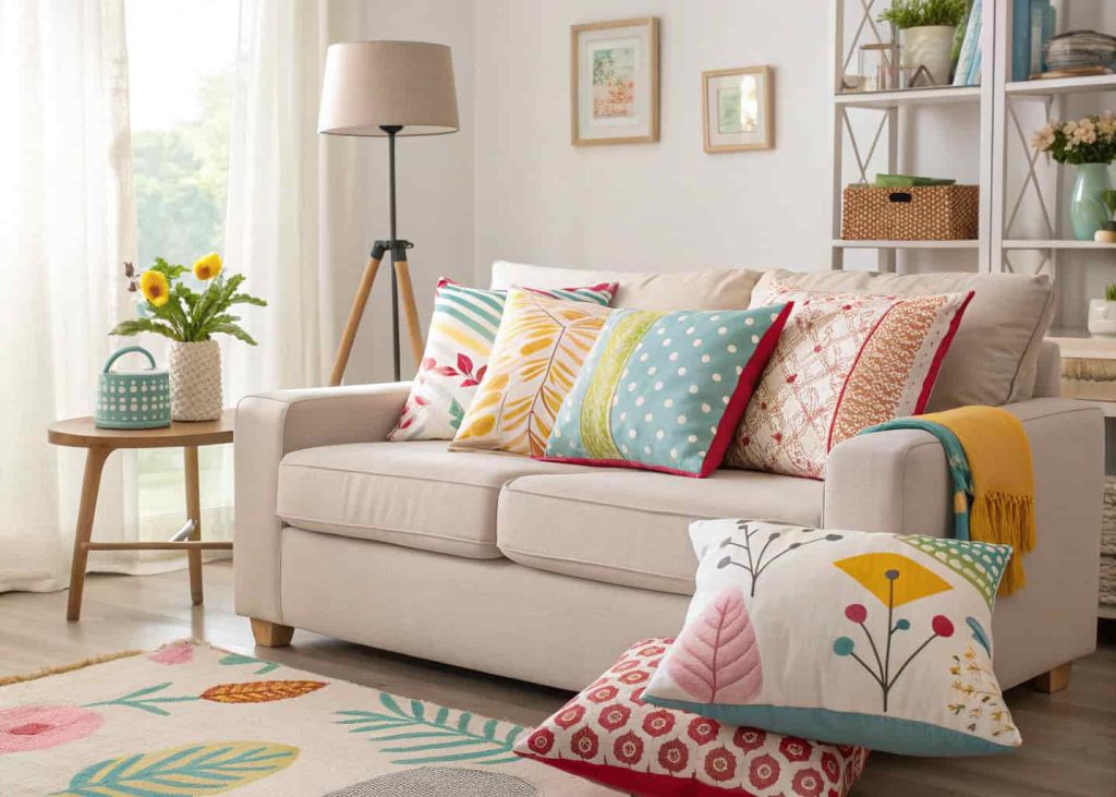 A cozy sofa with colorful DIY fabric cushion covers, bright living room interior, stylish and comfortable vibe”