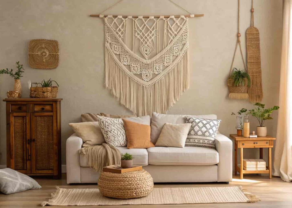 “A boho-style macrame wall hanging above a sofa, cozy neutral-toned living room, stylish farmhouse decor”
