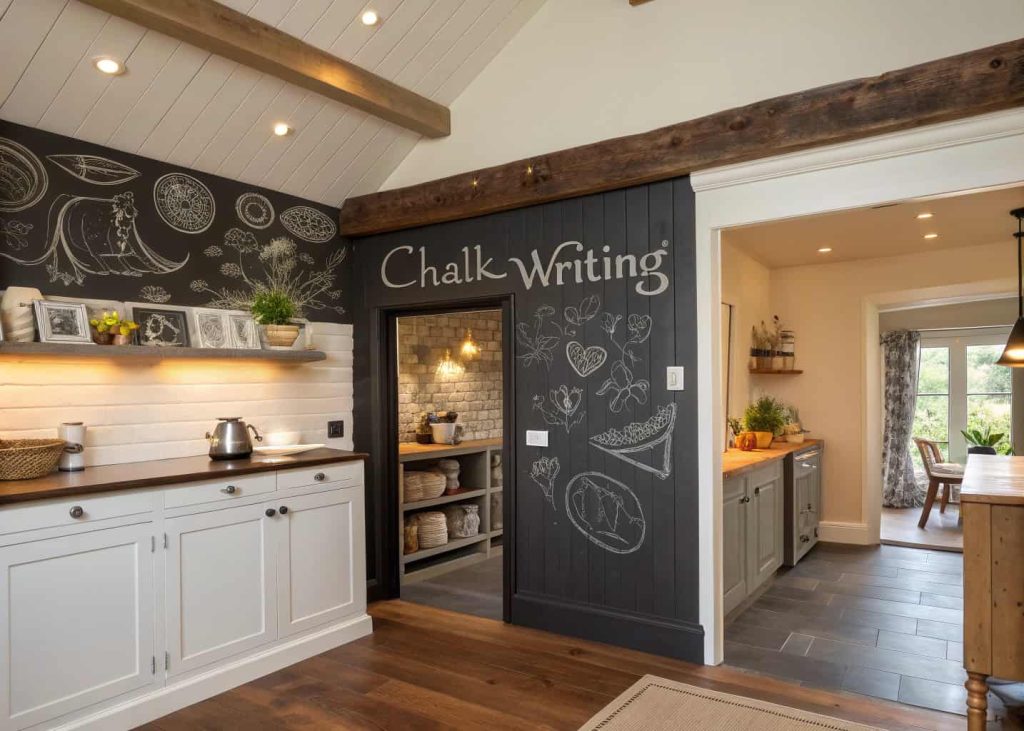 “A kitchen wall painted with chalkboard paint, decorative chalk writing, cozy modern farmhouse interior”