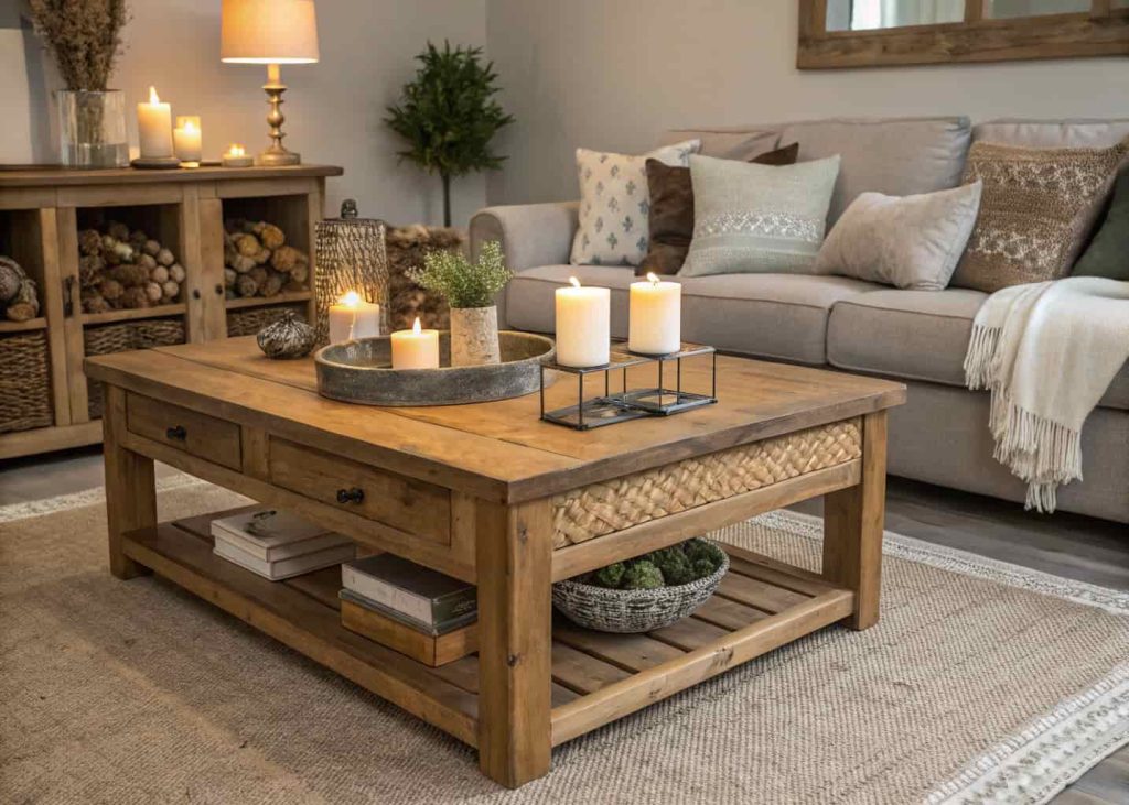 A refurbished wooden coffee table in a modern living room, styled with candles and decorative items, cozy interior”