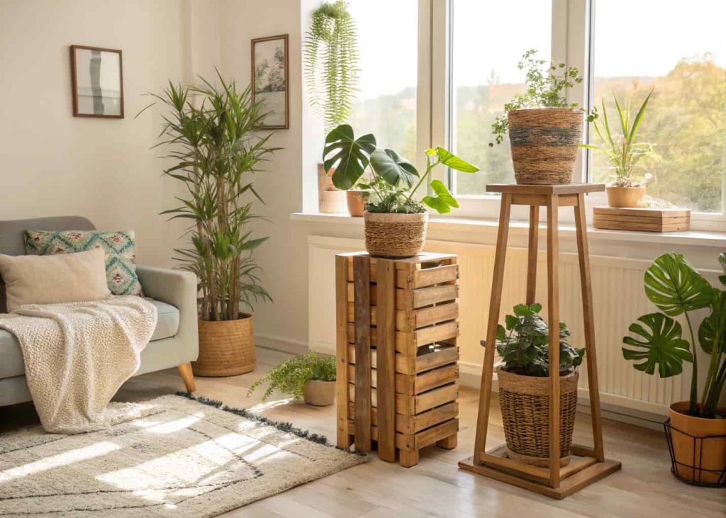 DIY wooden planter stands with potted plants of different heights in a cozy living room, bright natural light, trendy interior”